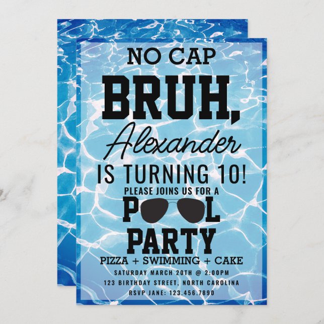 Convite No Cap Bruh Boy Teenager Birthday Pizza Pool Party (Frente/Verso)
