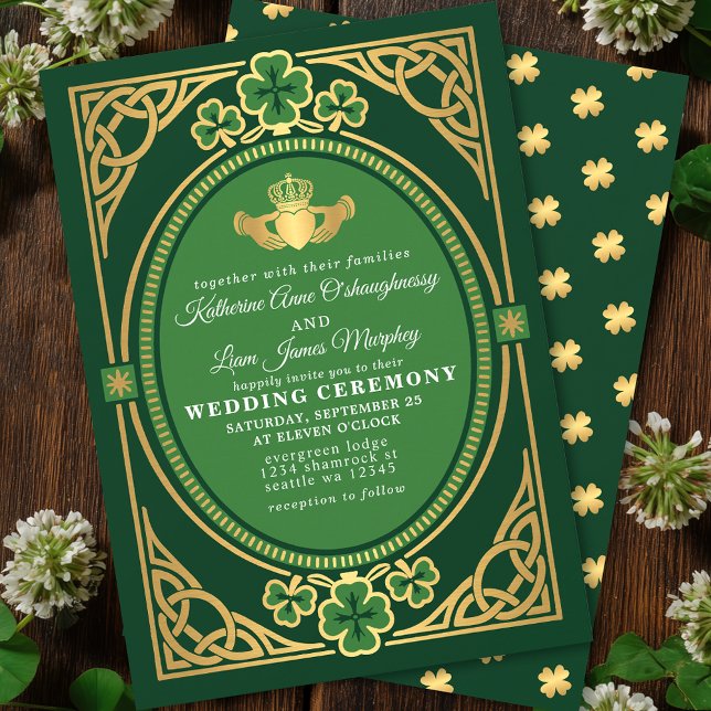 Convite Nó Celta Claddagh Shamrock Casamento Verde  (Criador carregado)