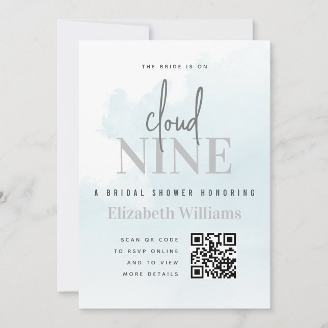 Convite No Cloud Nine Modern Chá de panela Código QR Rsvp (Frente)