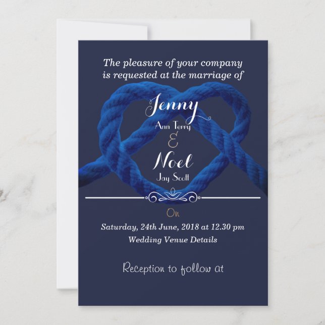 Convite Nó de Amor Azul Marinho e Branco Casamento Persona (Frente)