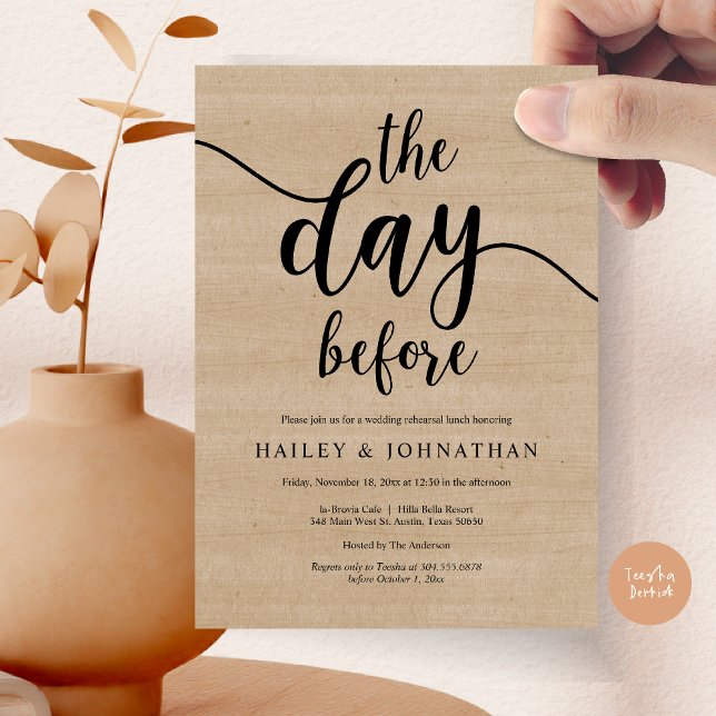 Convite No dia anterior, Almoço de ensaio de casamento ou  (The day before, Wedding Rehearsal Lunch or Brunch Invitation Card, PDF, Brown Wood Background)