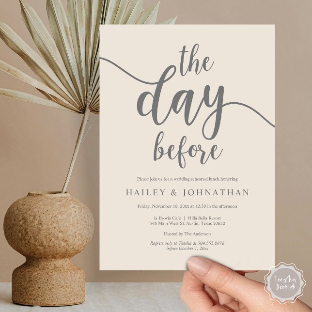 Convite No dia anterior, Almoço de ensaio de casamento ou  (The day before, Wedding Rehearsal Lunch or Brunch Invitation Card, PDF, Cream Grey)