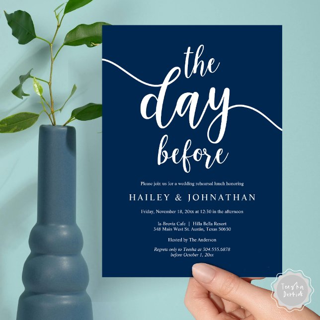 Convite No dia anterior, Almoço de ensaio de casamento ou  (The day before, Wedding Rehearsal Lunch or Brunch Invitation Card, PDF, Navy Blue)