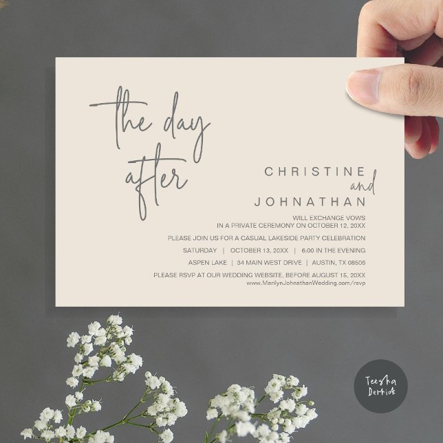 Convite No dia seguinte, Festa de casamento Posta, Cinzas  (The Day After, Modern Post Wedding Party Invitation Card, PDF, in Cream Dark Grey)