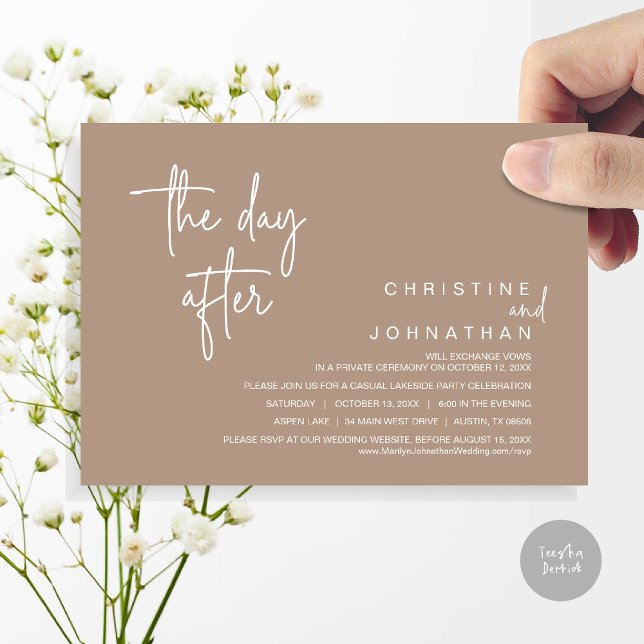 Convite No Dia Seguinte, Postar Festa de casamento, Taupe  (The Day After, Modern Post Wedding Party Invitation Card, PDF, in warm taupe brown)