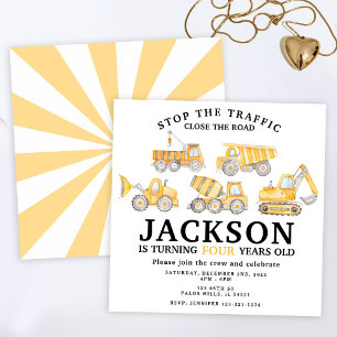 Convite No local de construção, caminhões, aniversário