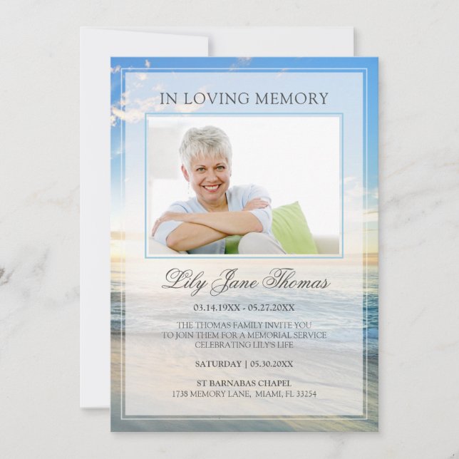 Convite No Loving Memory Elegant Beach Photo Funeral (Frente)