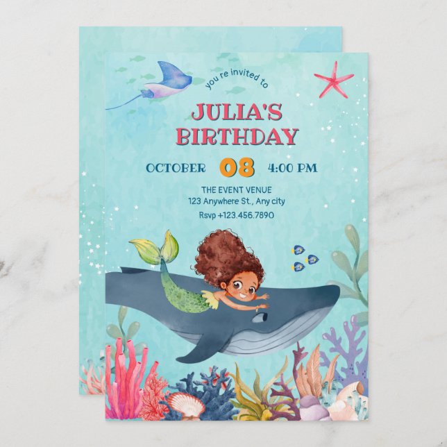 Convite No mar, aniversário de sereia e baleia (Frente/Verso)
