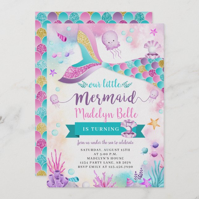 Convite No Mar, Nosso Pequeno Aniversário De Sereia (Frente/Verso)