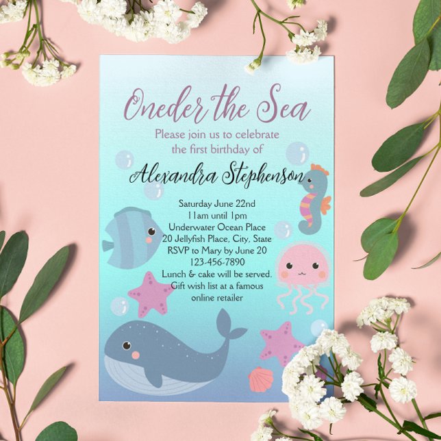 Convite No Mar Um Oceano Praia Meninas Primeiro Aniversári (under the sea first birthday oneder the sea 1st birthday girls invitation)