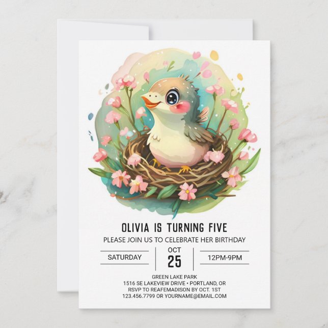 Convite No Woods Watercolor Bird Aniversário (Frente)