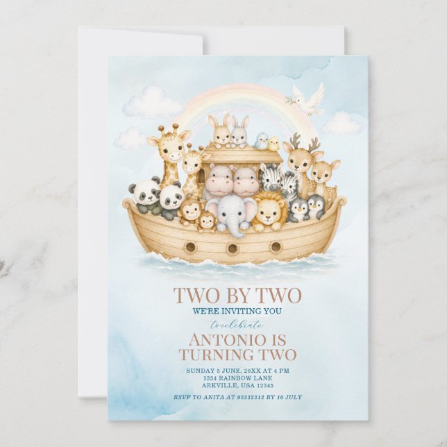 Convite Noah’s Ark 2nd Birthday Invitation Boy (Frente)