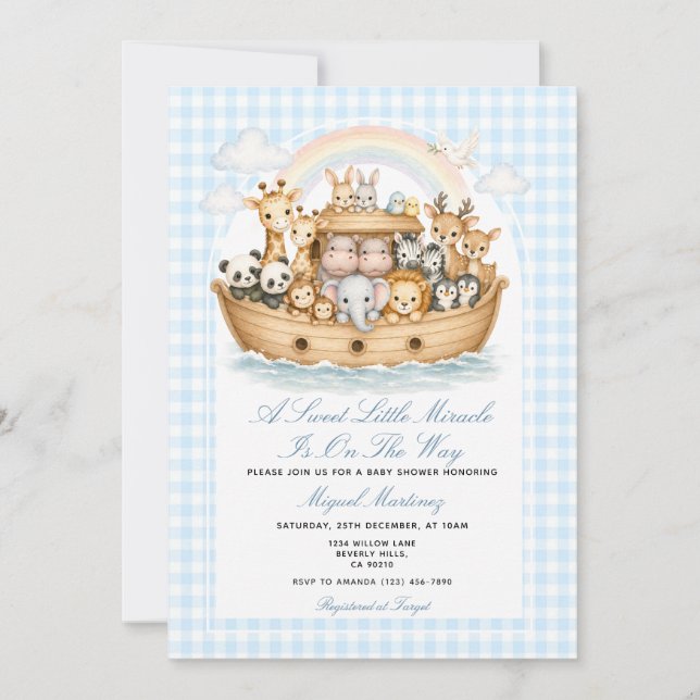 Convite Noah’s Ark Baby Shower Invitation Boy Gingham (Frente)