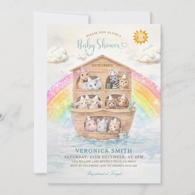 Convite Noah’s Ark Baby Shower Invitation | Rainbow Baby  (Frente)