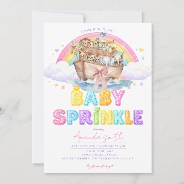 Convite Noah’s Ark Baby Sprinkle Glitter Rainbow  (Frente)
