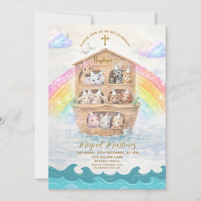 Convite Noah’s Ark Baptism Invitation | Baby Animals (Frente)