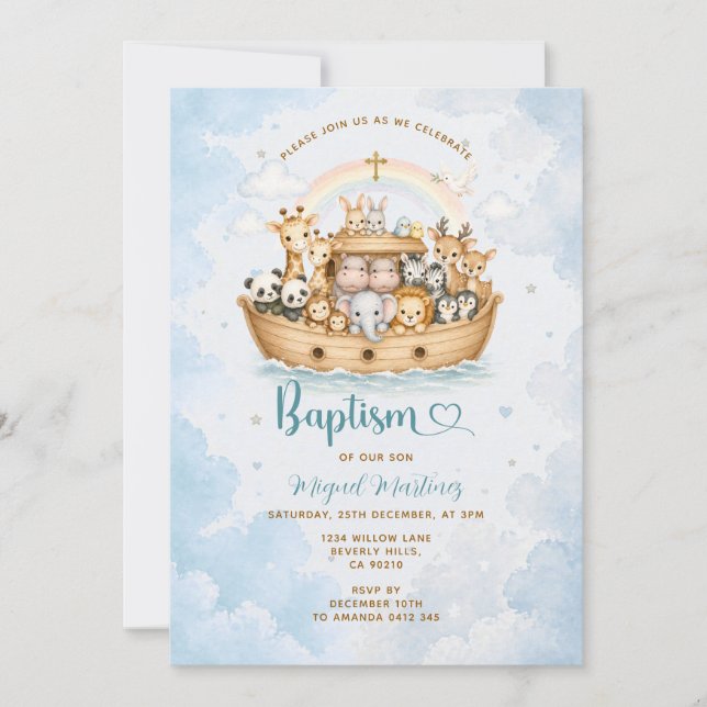 Convite Noah’s Ark Baptism Invitation Boy (Frente)