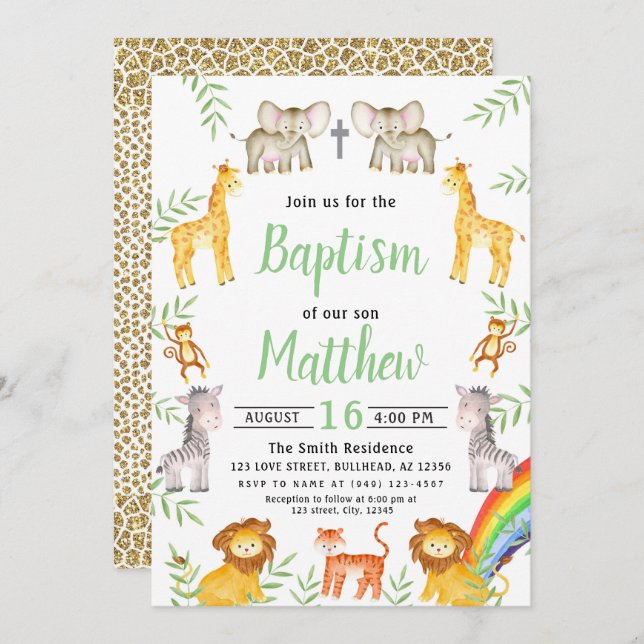 Convite Noahs Ark Animal e Rainbow Watercolor Baptism (Frente/Verso)