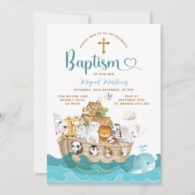 Convite Noah's Ark Baptism Christening Adventure Cross (Frente)