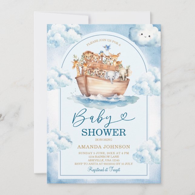 Convite  Noah's Ark Blue Watercolor Baby Shower (Frente)
