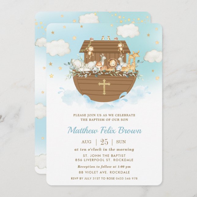 Convite Noah's Ark Cute Animal Boy Baptism Christening (Frente/Verso)