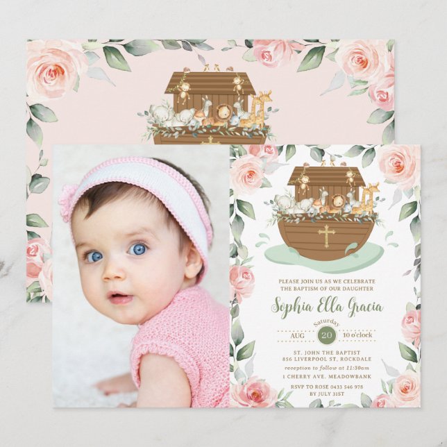 Convite Noah's Ark Pink Floral Girl Baptism Christening (Frente/Verso)