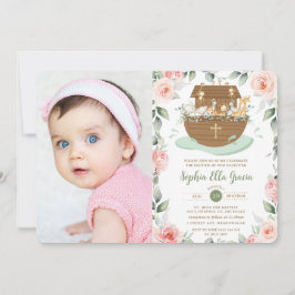 Convite Noah's Ark Pink Floral Girl Baptism Christening