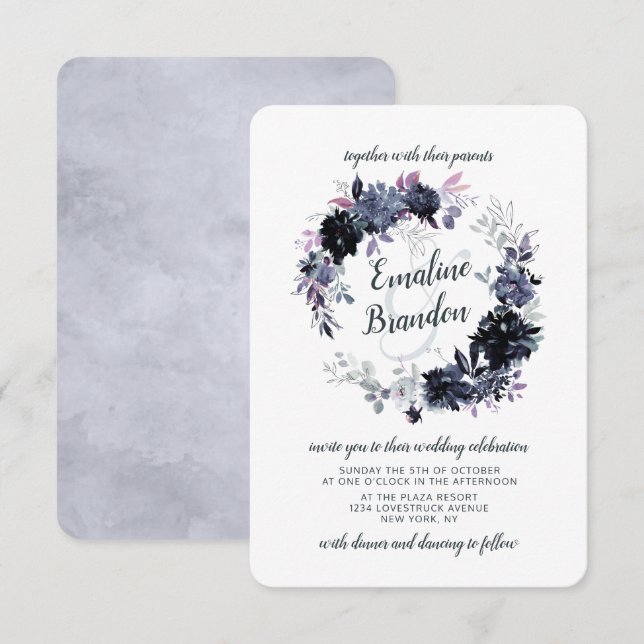Convite Nocturnal Floral Dusty Blue Wreath Casamento (Frente/Verso)