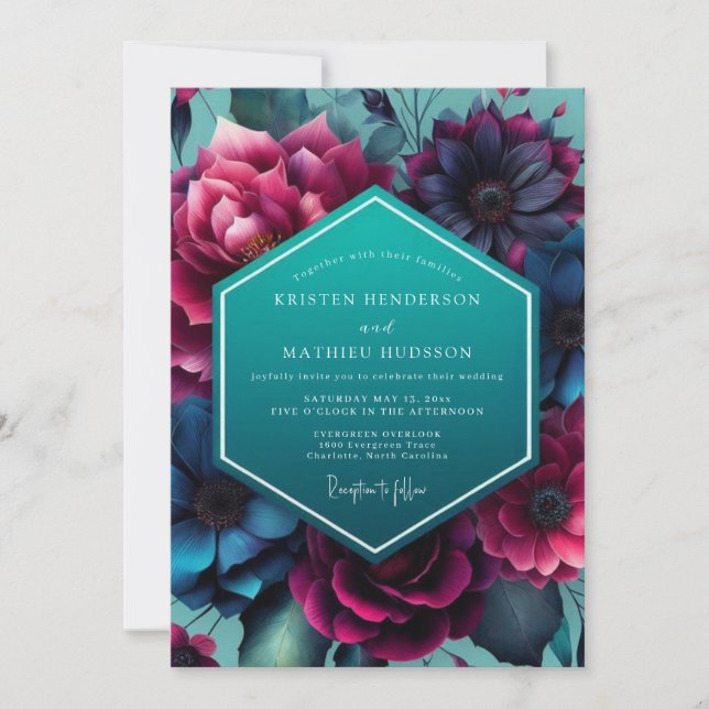 Convite Nocturno de Casamento Teal Magenta (Frente)