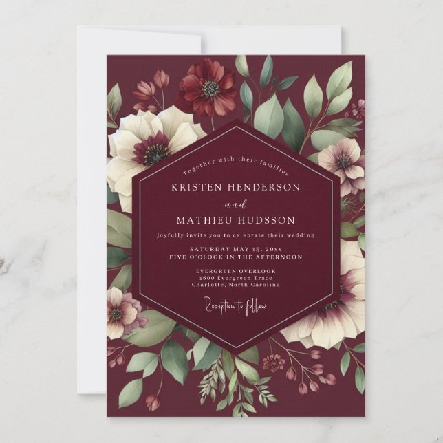 Convite Nocturno Floral de Casamento Borgonha (Frente)