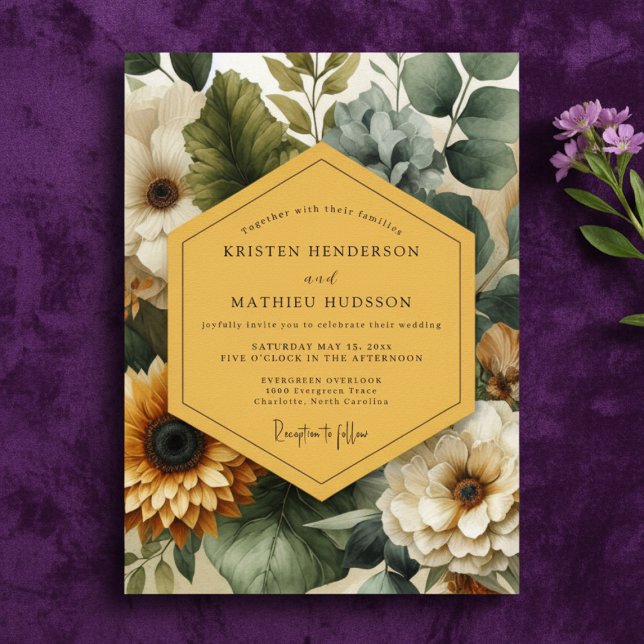 Convite Nocturno Floral de Mostarda Casamento (Criador carregado)