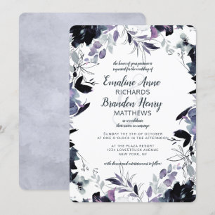 Convite Nocturno Floral Navy Azul Empoeirado Borda Casamen
