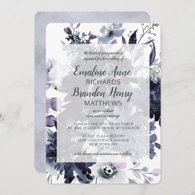 Convite Nocturno Floral Watercolor Dusty Blue Casamento (Frente/Verso)