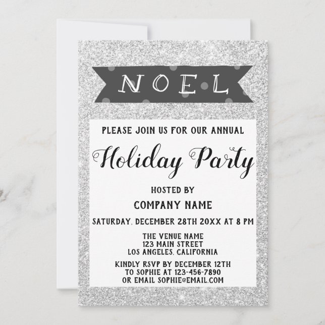 Convite Noel Company Holiday Party Cinza Silver Glitter (Frente)