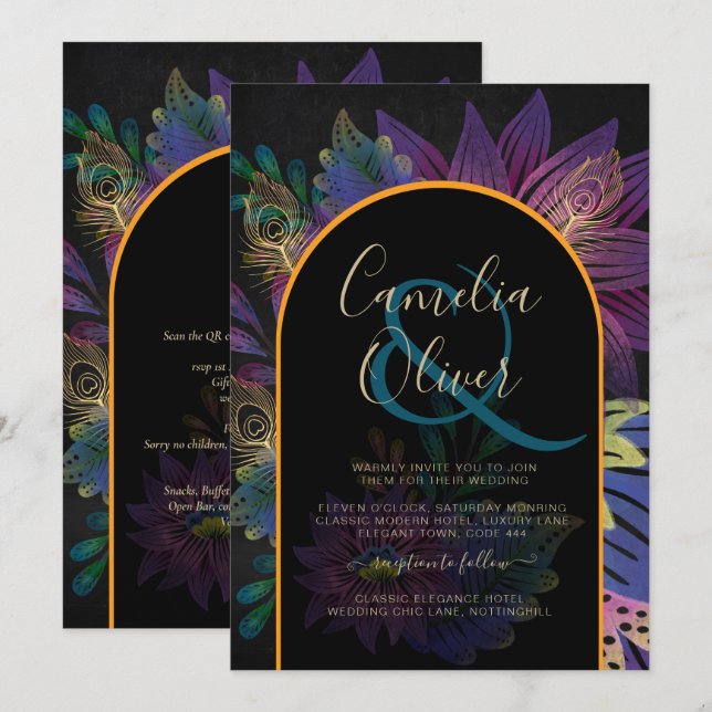 Convite Noir Peacock Jewel Tones Casamento Floral (Frente/Verso)