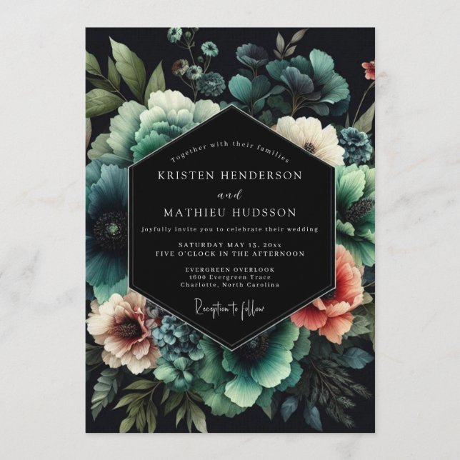 Convite Noir Teal Bloom Wedding (Frente)
