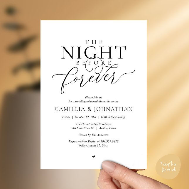 Convite “Noite Antes do Para Sempre” Jantar Romântico de E (“Night Before Forever” Modern Romantic Rehearsal Dinner Invitation Card in Black and White)