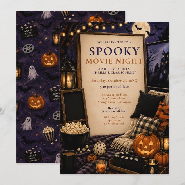Convite Noite Assustadora de Cinema de Halloween (Frente/Verso)