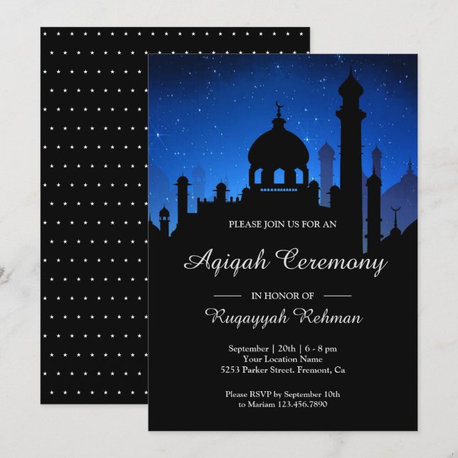 Convite Noite Azul Céu Noites Árabes Aqiqah (Frente/Verso)