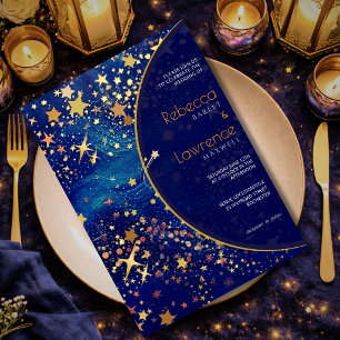 Convite Noite celestial mágica estelar de ouro azul casame