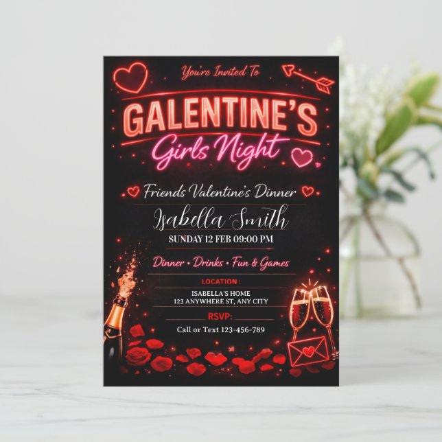 Convite Noite das Galentinas, Jantar de Amigas do Dia dos  (Em pé/Frente)