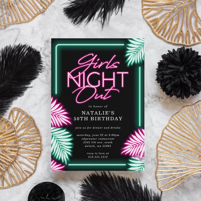 Convite Noite das Garotas com Neon Falso Moderno Aniversár (Modern Faux Neon Girls Night Out Birthday Invitation)
