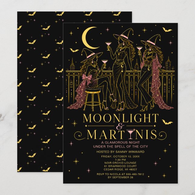 Convite Noite das Garotas de Halloween com Luar e Martinis (Frente/Verso)