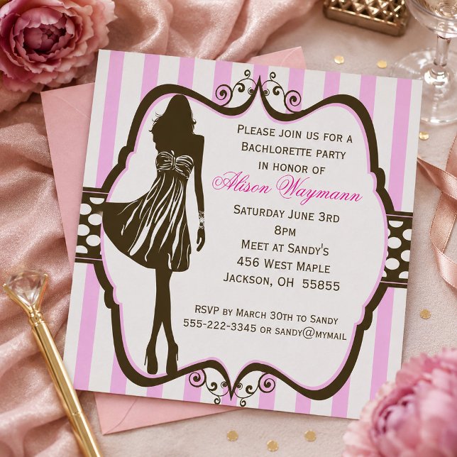 Convite Noite das Garotas Listras Rosa Despedida de Soltei (Girls Night Out Pink Stripes Bachelorette Party Invitation)