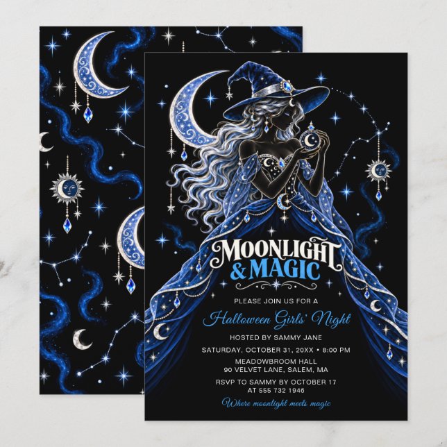 Convite Noite das Meninas de Halloween Lua e Magia (Frente/Verso)