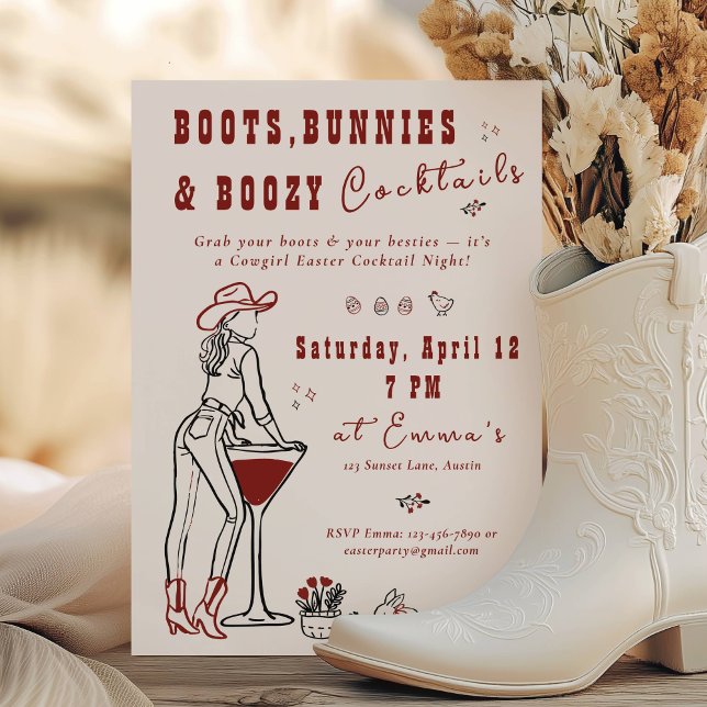 Convite Noite das Meninas do Oeste com Botas, Coelhinhas e (Boots Bunnies & Boozy Cocktail Western Girls Night)