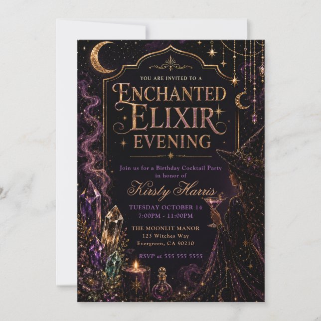 Convite Noite de Aniversário da Bruxa do Elixir Encantado (Frente)