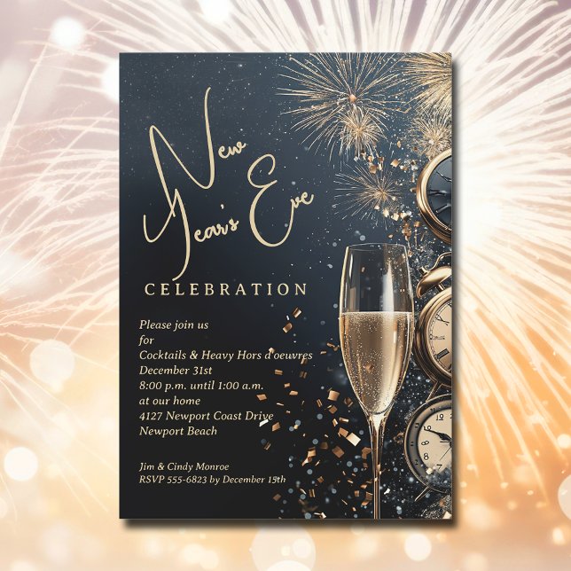 Convite Noite de Ano Novo Chic Champagne (Chic Champagne and Clocks New Year's Eve party invitations, PRINTED and/or INSTANT DOWNLOAD)