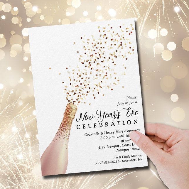 Convite Noite de Ano Novo com Champanhe Elegante (Elegant Champagne bottle spray New Year's Eve party invitations, PRINTED and/or INSTANT DOWNLOAD)