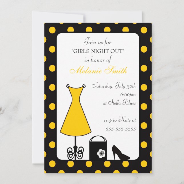 Convite Noite de Bolinhas Amarela Negra (Frente)